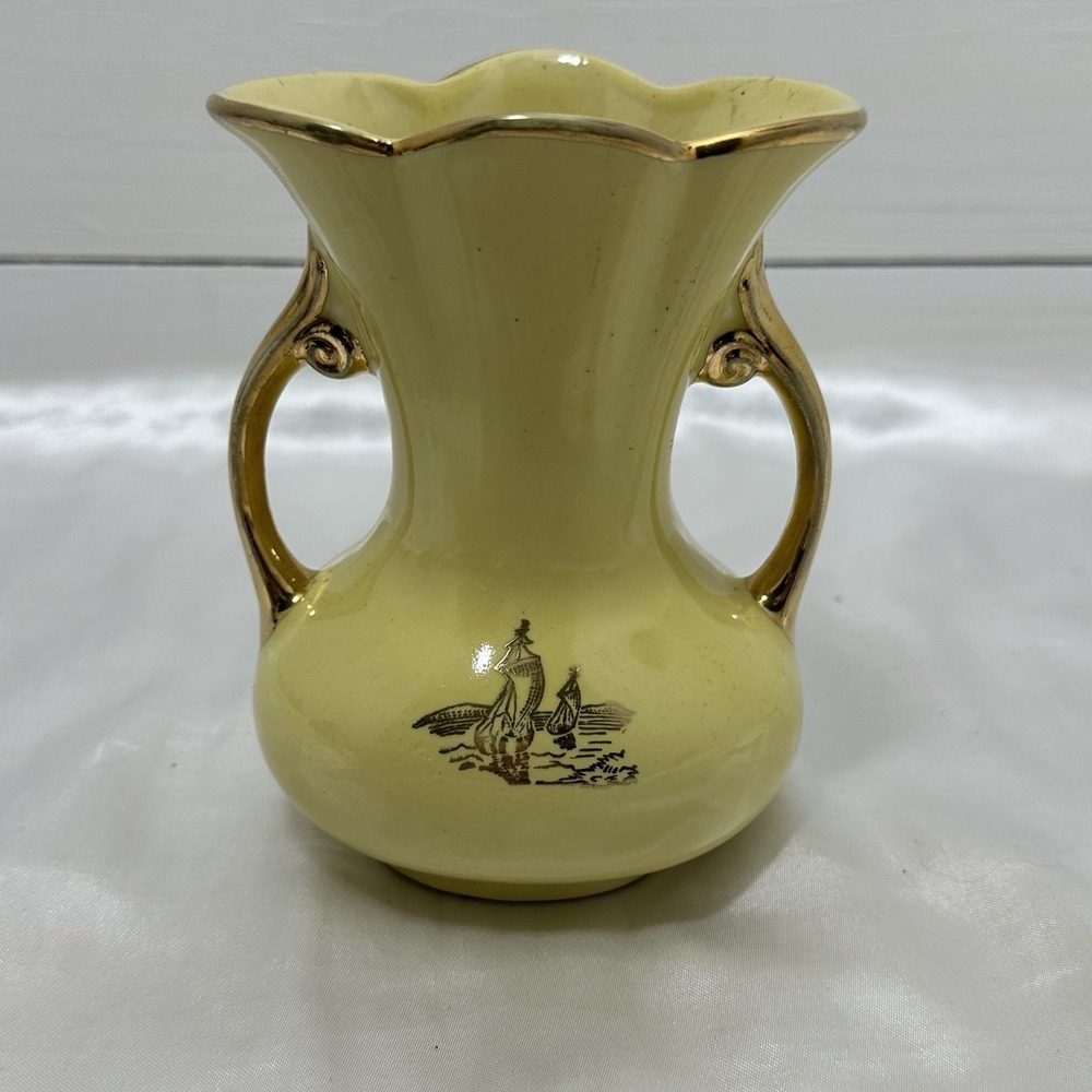 Vintage Pearl China Co Yellow Double Handle Vase 22KT Gold Ship 5"